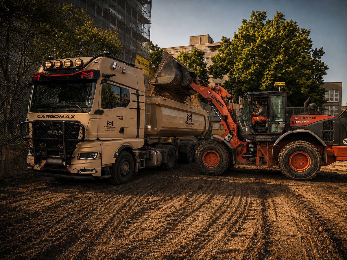 Radlader belädt einen CARGOMAX-Kipper mit Erdreich auf einer innerstädtischen Baustelle